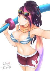  armpits bare_shoulders bikini_top blue_eyes blush breasts cleavage covered_nipples female fiora_laurent highres league_of_legends looking_at_viewer medium_breasts navel pink_hair ponytail pool_party_fiora purple_hair riot_games scarf shorts solo streaked_hair sunglasses_on_head sword 