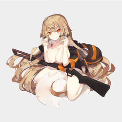  3: bikini blush breasts character_name cleavage closed_mouth commentary_request female full_body girls&#039;_frontline grey_background gun hair_between_eyes hands_up hat ithaca_m37 jacket kneeling large_breasts legs_apart long_hair looking_at_viewer m37_(girls&#039;_frontline) m37_(summer_parader)_(girls&#039;_frontline) official_alternate_costume official_art open_clothes open_jacket pump_action rain_lan shotgun sidelocks simple_background solo sun_hat swimsuit torn_clothes torn_jacket unworn_hat unworn_headwear very_long_hair weapon white_bikini 