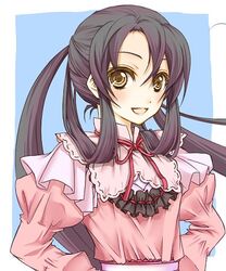  angelica_derleth ascot bad_id bad_pixiv_id black_hair blue_background female hair_rings hands_on_own_hips juliet_sleeves long_hair long_sleeves lowres puffy_sleeves sakurairyouka shikkoku_no_sharnoth smile solo steampunk_(liarsoft) twintails yellow_eyes 