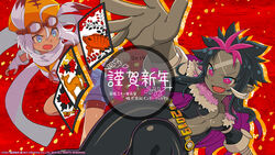  2girls belt blue_eyes bodysuit breasts cape center_opening cleavage colored_skin drop_shadow goggles goggles_on_head grey_skin hanafuda hat highres horns inti_creates long_hair looking_at_another multicolored_hair multiple_girls natsume_yuji new_year official_art official_wallpaper orange_hat original outstretched_arm photoshop_(medium) pink_eyes red_background scarf short_hair shorts simple_background two-tone_hair watermark white_scarf 