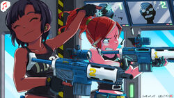  2girls ^_^ artist_name assault_rifle beamed_eighth_notes black_gloves black_hair black_shirt blue_eyes blush_stickers breasts brown_hair clenched_teeth closed_eyes closed_mouth clothes_writing collarbone commentary dark-skinned_female dark_skin dated day del-chan ear_protection firing gloves gun highres indoors japanese_flag medium_breasts monitor multiple_girls musical_note navel nuclear_throne one_eye_closed partially_fingerless_gloves photoshop_(medium) pointing ponytail rifle rogue_(nuclear_throne) shell_casing shirt short_hair sleeveless sleeveless_shirt smile speech_bubble spoken_musical_note sweat teeth trigger_discipline weapon 