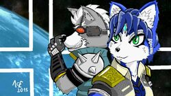  16:9 accessory ace_arcana anthro black_nose blue_body blue_fur blue_hair canid canine canis duo female fox fur gem grey_body grey_fur hair hair_accessory jewelry krystal_(star_fox) male mammal miiverse nintendo planet shoulder_pads space star_fox super_smash_bros. white_body white_fur widescreen wolf wolf_o&#039;donnell 