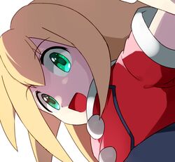  :d blonde_hair commentary_request cropped_jacket female green_eyes hair_between_eyes hat jacket long_hair mega_man_(series) mega_man_legends_(series) no_headwear open_mouth portrait red_jacket roll_caskett_(mega_man) sakuraba_(cerisier_x) simple_background smile solo unworn_hat unworn_headwear white_background 