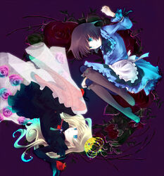  2girls arched_crown blonde_hair blue_eyes blue_skirt boots brown_hair commentary_request crown dress floral_background flower frills full_body gold_crown jeweled_crown knee_boots lily_(shiei_no_sona-nyl) long_hair multiple_girls purple_background purple_flower purple_rose red_flower red_rose rose rose_witch rotational_symmetry see-through shiei_no_sona-nyl shoes short_hair skirt ssscheme steampunk_(liarsoft) 