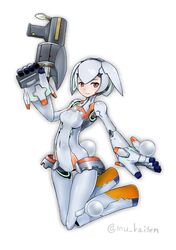  android breasts commentary_request female full_body gun gunslinger_stratos hair_between_eyes handgun highres joints jumping neon_trim rabbit_tail red_eyes revolver robot_ears robot_joints silver_hair small_breasts solo tail weapon xi-988 yeti_(mu_kaiten) 