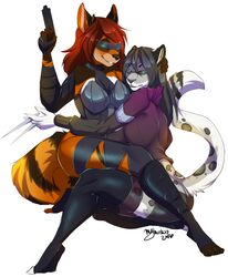  2016 anna_sama anthro ass avoid_posting big_breasts breasts chimera clothing deus_ex domestic_cat duo eyewear felid feline felis female female/female frionella green_eyes grey_hair gun hair horn hug hybrid knife latex leather leopard mammal myloveless pantherine ranged_weapon red_hair snow_leopard stripes weapon wide_hips 