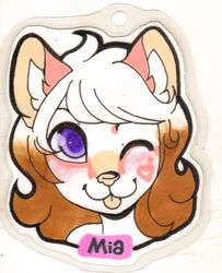  :3 badge brown_hair felid feline female freeze-pop88 fur hair headshot_portrait hi_res hybrid leopardus mammal ocelot pantherine pink_body pink_fur portrait purple_eyes snow_leopard solo tan_body tan_fur traditional_media_(artwork) white_body white_fur white_hair 