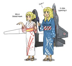  2girls anyan_(jooho) blonde_hair character_name clothes_writing commentary_request drone f-35_(flight_highschool) f-35_lightning_ii flight_highschool green_eyes hand_fan japan_air_self-defense_force japan_self-defense_force japanese_clothes kimono lockheed_martin mecha_musume military military_vehicle multiple_girls red_eyes rq-4_(flight_highschool) sandals smile 