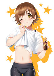  ;) bad_id bad_pixiv_id bad_proportions blush bottle bra_strap brown_eyes brown_hair clothes_lift cowboy_shot energy_drink female furururu head_tilt highres holding holding_bottle honda_mio idolmaster idolmaster_cinderella_girls looking_at_viewer navel one_eye_closed pants shirt shirt_lift shirt_tug short_hair short_sleeves simple_background smile solo sportswear star_(symbol) stomach sweat t-shirt tomboy track_pants white_background white_shirt wiping_sweat 