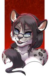  2015 absurd_res anthro black_hair blue_eyes breasts bust_portrait digital_media_(artwork) eyewear felid female frionella fur glasses grey_hair hair hi_res lips long_hair mammal pantherine ponytail portrait shaded simple_background smile snow_leopard solo wyla 