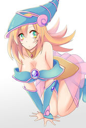  all_fours artist_request blonde_hair boots breasts cleavage dark_magician_girl duel_monster female female green_eyes hat long_hair solo sterilizedgauze-qhx white_background wizard_hat yu-gi-oh! yuu-gi-ou_duel_monsters 