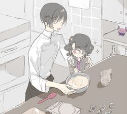  2boys aged_down asselin_bb_ii bad_id bad_pixiv_id black_hair bowl buttons chef closed_eyes cookie_cutter double-breasted eyepatch hair_over_one_eye idolmaster idolmaster_side-m kitchen lolicon male_focus measuring_cup mixing_bowl mole mole_under_mouth multiple_boys oven red_eyes royu satan_(idolmaster) shinonome_soichiro short_hair sparkle spatula stuffed_toy time_paradox wavy_hair wavy_mouth whisk 