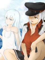  2girls bad_id bad_pixiv_id black_gloves blue_eyes breasts cleavage commentary_request day eyebrows food gangut_(kancolle) gloves grey_hair hair_between_eyes hat hibiki_(kancolle) highres jacket jacket_on_shoulders kantai_collection large_breasts long_hair military military_hat military_jacket military_uniform miniskirt multiple_girls no_legwear ocean open_mouth orange_eyes outdoors peaked_cap pleated_skirt popsicle red_shirt remodel_(kantai_collection) scar scar_on_cheek scar_on_face shirt short_sleeves skirt terebi- uniform unworn_gloves verniy_(kancolle) white_hair 