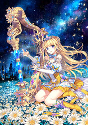  bare_shoulders blonde_hair boots castle character_request commentary_request dress earrings female field flower flower_field harp highres instrument jewelry juliet_sleeves layered_dress long_hair long_sleeves music nardack night official_art outdoors petals photoshop_(medium) pink_eyes playing_instrument puffy_sleeves shingoku_no_valhalla_gate short_dress sky solo star_(sky) starry_sky tiara very_long_hair white_dress yellow_dress yellow_footwear 