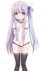  black_thighhighs blue_buruma blush buruma chinese_commentary commentary_request embarrassed female gotou_jun gym_uniform highres long_hair one_side_up purple_eyes purple_hair ribbon shirt shirt_tug solo tears tenshi_no_3p! thighhighs thighs xiaosamiao 