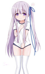  blue_buruma blush buruma chinese_commentary commentary_request embarrassed female gotou_jun gym_uniform highres long_hair one_side_up purple_eyes purple_hair ribbon shirt shirt_tug solo tears tenshi_no_3p! thighhighs thighs white_thighhighs xiaosamiao 