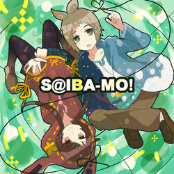  1boy abstract_background ahoge brown_eyes brown_hair commentary_request female green_eyes hood hoodie indian_style jacket looking_at_viewer open_clothes open_jacket open_mouth original pantyhose photoshop_(medium) pointing sitting skirt skirt_hold smile text_focus tomori_chia undershirt upside-down 