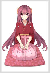  blush border bow collarbone commentary_request cushion female frown hairbow hakama hakama_skirt highres japanese_clothes kamikaze_(kancolle) kantai_collection kimono long_hair looking_at_viewer meiji_schoolgirl_uniform myuto_(advent_retribution) pink_hakama purple_eyes purple_hair ribbon seiza simple_background sitting skirt solo tasuki very_long_hair white_background zabuton 