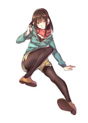  absurdres black_pantyhose brown_eyes brown_hair commentary_request earmuffs female highres jacket kimishima_kana kiseijuu ling_luo_xi_yang looking_at_viewer pantyhose pantyhose_under_shorts photoshop_(medium) red_scarf scarf shorts sitting smile solo twirling_hair white_background 