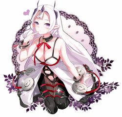  babydoll bad_id bad_pixiv_id boba breasts choker cleavage closers female heart horns large_breasts levia_(closers) light_purple_hair long_hair looking_at_viewer ofuda pants pointy_ears purple_eyes red_ribbon ribbon ribbon_trim smile solo spaghetti_strap sparkle 