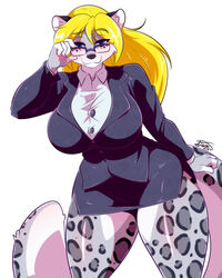  2018 anthro big_breasts black_body black_fur black_nose blonde_hair blue_eyes blush bottomwear breasts clothed clothing curvy_figure eyewear felid female fur glasses grey_body grey_fur hair hi_res huge_breasts long_hair looking_at_viewer mammal miniskirt mrsakai pantherine sheila_snowmew simple_background skirt smile snow_leopard solo spots standing thick_thighs voluptuous white_background white_body white_fur wide_hips 