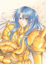  1boy armor blue_eyes blue_hair commentary_request fingerless_gloves gloves gold_armor gold_saint helmet jyan_borii male_focus ponytail saint_seiya saint_seiya:_the_lost_canvas solo sparkle teneo unworn_headwear unworn_helmet upper_body 