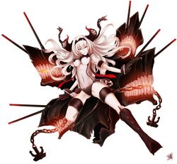  absurdres abyssal_ship air_defense_princess black_footwear black_gloves boots breasts commentary_request female gloves hairband highres kantai_collection knee_boots large_breasts long_hair red_eyes shao_(newton) simple_background smile solo white_hair 