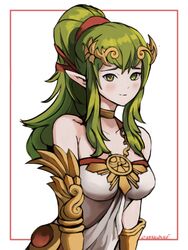  absurdres bare_shoulders blush breasts closed_mouth collarbone commentary cosplay crown dress english_commentary female fire_emblem fire_emblem:_mystery_of_the_emblem fire_emblem_awakening green_eyes green_hair hair_ornament hair_ribbon headpiece highres jewelry kid_icarus kid_icarus_uprising light_smile long_hair looking_at_viewer medium_breasts neck_ring palutena palutena_(cosplay) pointy_ears ponytail ribbon smile solo strapless strapless_dress super_smash_bros. tiki_(adult)_(fire_emblem) tiki_(fire_emblem) tommy_(kingdukeee) twitter_username white_background white_dress 