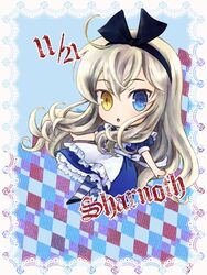  alice_(alice_in_wonderland) alice_(alice_in_wonderland)_(cosplay) alice_in_wonderland apron argyle_background blonde_hair blue_background blue_dress blue_eyes bow chibi commentary_request copyright_name cosplay dated dress female full_body hairband hairbow heterochromia long_hair mary_clarissa_christie naka_(ez) no_nose pantyhose shikkoku_no_sharnoth shoes solo steampunk_(liarsoft) striped_clothes striped_pantyhose yellow_eyes 