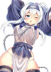  ainu ainu_clothes blue_eyes blush breasts chains commentary_request cropped_jacket female folded_ponytail hair_between_eyes highres kamoi_(kancolle) kantai_collection large_breasts long_hair ntk_(7t5) one_eye_closed open_mouth sidelocks simple_background solo white_background white_hair 