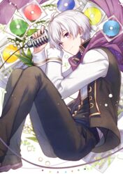  1boy ahoge asahikawa_hiyori cd commentary_request fetal_position flower idolish7 looking_at_viewer male_focus microphone osaka_sougo purple_eyes scarf sheet_music smile solo white_hair 