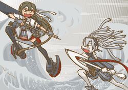  2girls abyssal_crane_princess abyssal_ship adobe_illustrator_(medium) anchor armor bow_(weapon) breastplate cherry_blossoms colored_skin commentary_request detached_sleeves dr._asa gloves hair_between_eyes hair_down headband horns japanese_clothes jinbaori kantai_collection long_hair multiple_girls muneate red_eyes remodel_(kantai_collection) waves weapon white_hair white_skin zuikaku_(kancolle) 