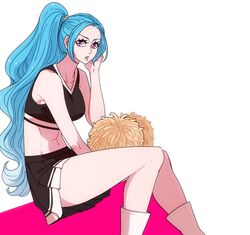  bent_knees blue_hair cheerleader curvy female high_ponytail long_hair midair millorart nefertari_vivi one_piece pom_poms ponytail purple_eyes sitting sitting_in_midair solo stomach tied_hair 