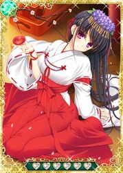  black_hair card_(medium) cherry_blossoms female grisaia_(series) grisaia_no_kajitsu hair_ornament japanese_clothes long_hair looking_at_viewer miko purple_eyes sakaki_yumiko sitting solo 