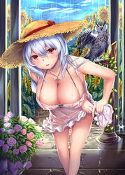  bikini bird blush breasts collarbone comic_kairakuten_beast commentary_request covered_nipples cross cross_necklace day dress female field flower flower_field grey_hair hair_between_eyes hat highres hinasaki_you jewelry large_breasts leaning_forward light_smile long_hair looking_at_viewer necklace original outdoors owl parted_lips photoshop_(medium) pink_bikini rain red_eyes see-through skindentation smile solo straw_hat sun_hat sunflower sunflower_field swimsuit wet wet_clothes wet_dress 