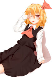  against_wall ascot blonde_hair blouse commentary_request female hair_ribbon highres red_eyes ribbon rubbing_eyes rumia shirt short_hair simple_background skirt sleepy solo totororo touhou vest white_background 