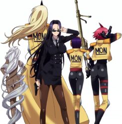  5girls ass black_hair breasts business_suit cyclops doppel_(monster_musume) glasses gun heterochromia highres large_breasts legs long_hair manako monster_girl monster_musume_no_iru_nichijou ms._smith multiple_girls nude ogre one-eyed pistol purple_hair red_hair rifle short_hair simple_background skirt smile standing stitched thighhighs tionishia weapon white_hair yellow_eyes zombina 