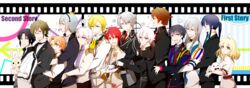  6+boys ? ahoge blonde_hair bow bowtie commentary_request everyone female glasses green_bow green_hair green_necktie highres hug idolish7 izumi_iori izumi_mitsuki kujou_tenn long_hair looking_at_viewer momo_(idolish7) multiple_boys nanase_riku necktie nikaido_yamato nyaago oogami_banri orange_hair osaka_sougo ponytail red_eyes rokuya_nagi silver_hair takanashi_tsumugi tsunashi_ryuunosuke waist_hug yaotome_gaku yotsuba_tamaki yuki_(idolish7) 