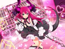  black_dress blue_eyes blush boots corset cosplay crossover cube cuffs demon_horns detached_sleeves dragon_tail dress elizabeth_bathory_(fate) elizabeth_bathory_(fate/extra_ccc) elizabeth_bathory_(fate/extra_ccc)_(cosplay) fate/extella fate/extra fate/extra_ccc fate/grand_order fate_(series) female flat_chest floating floating_object green_eyes heart heterochromia holding holding_polearm holding_weapon horn_ornament horn_ribbon horns light_particles long_hair looking_at_viewer pink_gemstone pink_hair polearm ribbon ryoubi_(senran_kagura) senran_kagura senran_kagura_new_link smile solo speaker stage_lights tail tile_floor tiles weapon yaegashi_nan 