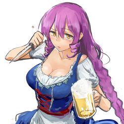  aimitsu_(ibityuttyu) akuma_no_riddle apron beer_mug braid breasts cleavage collarbone commentary_request corset cup dirndl female german_clothes hair_between_eyes holding holding_cup holding_knife inukai_isuke knife large_breasts long_hair looking_at_viewer meer_campbell mug purple_hair short_sleeves simple_background solo standing very_long_hair waist_apron white_apron white_background yellow_eyes 