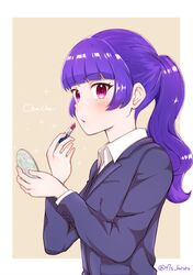  alternate_hairstyle applying_makeup bad_id bad_pixiv_id blue_hair blush business_suit character_name commentary_request compact_(cosmetics) cosmetics female formal from_side highres holding holding_compact holding_mirror lipstick_tube long_hair looking_at_viewer mirror ootori_chacha ponytail puckered_lips purple_eyes solo sparkle suit t7s-kuroro tan_background tokyo_7th_sisters twitter_username upper_body 