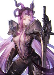  armor balmung_(fate/apocrypha) belt black_clothes black_pants breasts center_opening cleavage commentary_request cosplay curled_horns facial_mark fate/apocrypha fate/grand_order fate/stay_night fate_(series) female forehead_mark gauntlets holding holding_sword holding_weapon horns long_hair looking_at_hand medium_breasts medusa_(fate) medusa_(rider)_(fate) pants pauldrons purple_eyes purple_hair shoulder_armor siegfried_(fate) siegfried_(fate)_(cosplay) solo sword tenyo0819 very_long_hair weapon white_background 