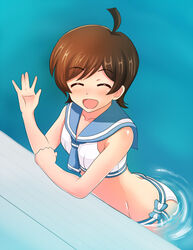  :d ^_^ ahoge bikini blush brown_hair closed_eyes commentary_request female idolmaster idolmaster_million_live! kinoshita_hinata momoda_yasuhito open_mouth pool poolside sailor_bikini sailor_collar sailor_swimsuit_(idolmaster) short_hair side-tie_bikini_bottom smile solo swimsuit wading water waving 