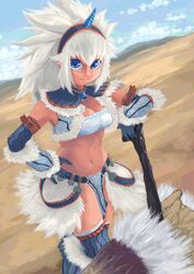  blue_eyes breasts cleavage commentary_request elbow_gloves female gloves hairband highres horns kirin_(armor) long_hair medium_breasts midriff monster_hunter_(character) monster_hunter_(series) navel panties single_horn smile solo tesshii_(riza4828) thighhighs underwear weapon white_hair 