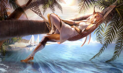  5:3 amazing_background anklet anthro barefoot biped boat bracelet clothing detailed detailed_background digital_media_(artwork) dress ear_piercing feet felid feline female hammock jastra jewelry lying lynx mammal on_back ostinlein outside piercing plant reclining sea solo tree tropical vehicle water watercraft whiskers white_clothing white_dress 