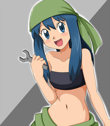  :d alternate_costume arm bandana bare_arms bare_shoulders black_tubetop blonde_hair blue_eyes blush breasts collarbone cosplay dawn_(pokemon) eyebrows_visible_through_hair female female fullmetal_alchemist green_bandanna grey_background hair_between_eyes hand_up happy head_tilt highres holding holding_tool holding_wrench kuro_hopper long_hair looking_at_viewer midriff navel neck nintendo open_mouth pokemon pokemon_(anime) pokemon_(game) pokemon_dppt sidelocks small_breasts smile solo strapless tool tubetop two-tone_background winry_rockbell winry_rockbell_(cosplay) wrench 