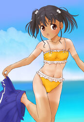  accessory_tan bikini black_hair brown_eyes commentary_request female high_school_fleet marutaya photoshop_(medium) shiretoko_rin short_hair skirt solo swimsuit tan tanlines twintails undressing 