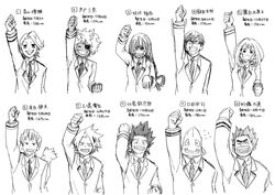  3girls 6+boys aoyama_yuuga arm_up ashido_mina asui_tsuyu black_sclera boku_no_hero_academia character_name colored_sclera commentary_request flying_sweatdrops glasses greyscale horns ichiko365 iida_tenya kaminari_denki kirishima_eijirou kouda_kouji long_hair low-tied_long_hair monochrome multiple_boys multiple_girls ojiro_mashirao satou_rikidou school_uniform short_hair smile tail translation_request upper_body uraraka_ochako 