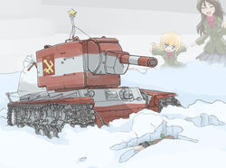  2girls alternate_hair_length alternate_hairstyle black_hair blonde_hair commentary_request emblem girls_und_panzer jade_(zbbc) katyusha_(girls_und_panzer) kv-2 long_hair military military_vehicle motor_vehicle multiple_girls nonna_(girls_und_panzer) pravda_(emblem) pravda_school_uniform school_uniform sky smile snow snow_angel tank 