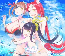  3girls ;d animal_ears bad_id bad_pixiv_id bare_shoulders bikini black_bikini black_hair blue_eyes blush breasts brown_hair cleavage commentary eyepatch heterochromia horns hug huge_breasts long_hair mila_(yuta27315) mole mole_under_eye multiple_girls navel oerba_yun_fang one_eye_closed open_mouth original red_hair smile swimsuit teeth twintails very_long_hair water white_bikini yellow_eyes 